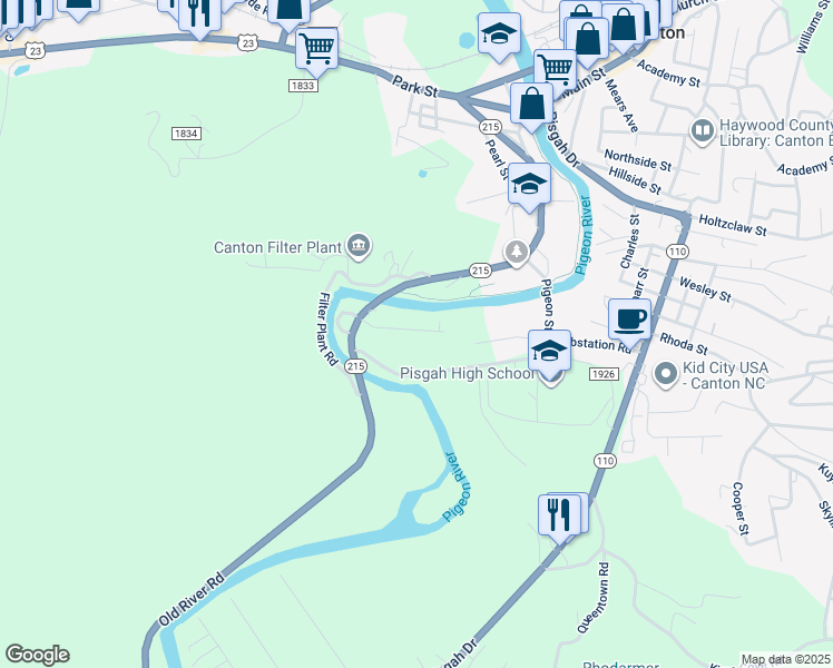 map of restaurants, bars, coffee shops, grocery stores, and more near 20 Pisgah School Road in Canton