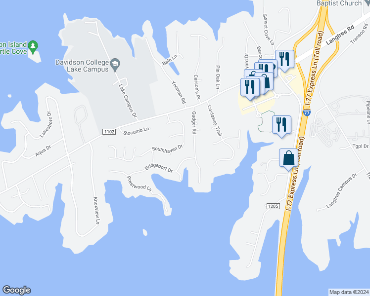 map of restaurants, bars, coffee shops, grocery stores, and more near 155 Southhaven Drive in Mooresville