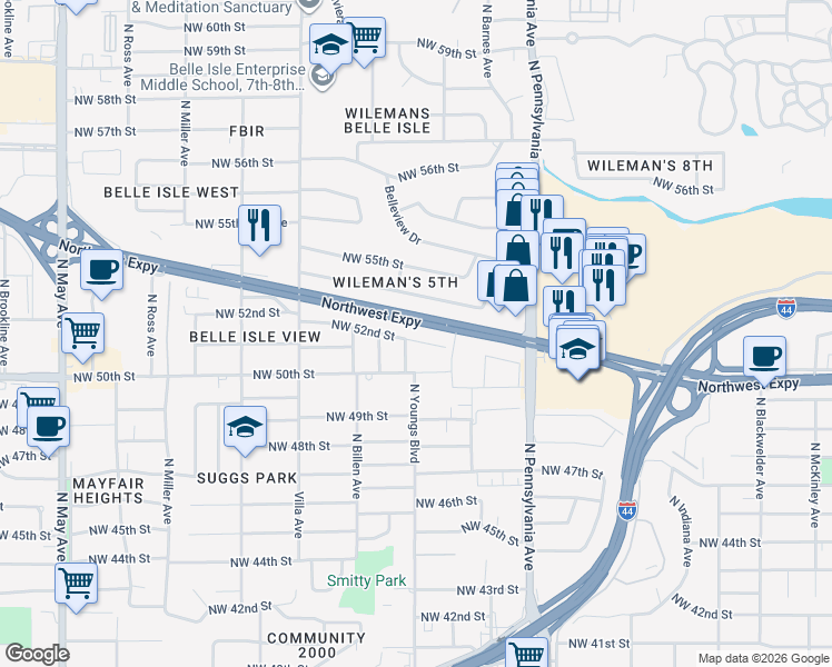 map of restaurants, bars, coffee shops, grocery stores, and more near 5119 North Youngs Boulevard in Oklahoma City
