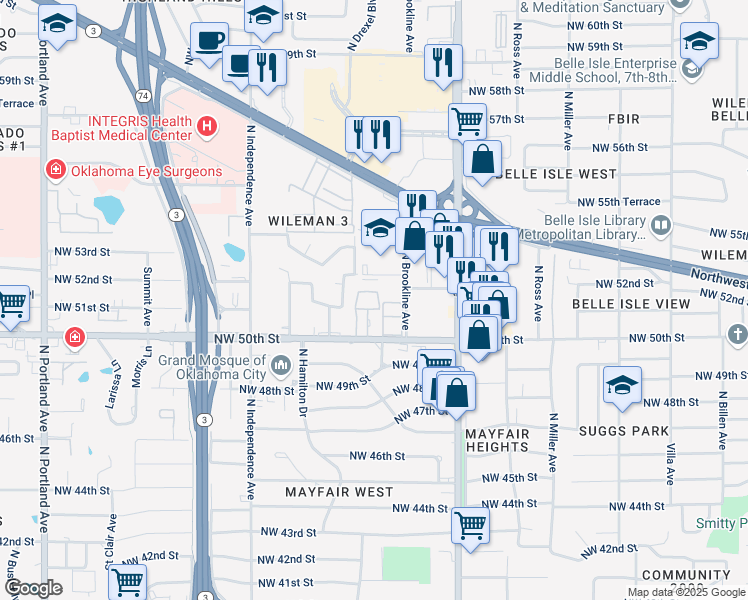 map of restaurants, bars, coffee shops, grocery stores, and more near 5200 Hales Drive in Oklahoma City