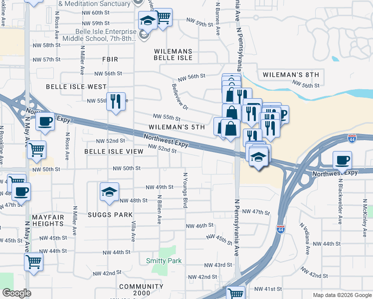 map of restaurants, bars, coffee shops, grocery stores, and more near 5119 North Youngs Boulevard in Oklahoma City