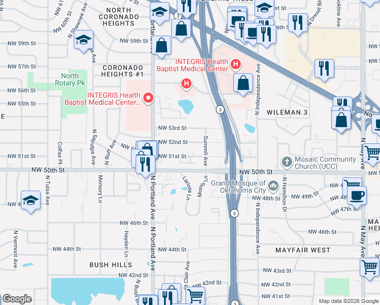 map of restaurants, bars, coffee shops, grocery stores, and more near 3536 Northwest 51st Street in Oklahoma City