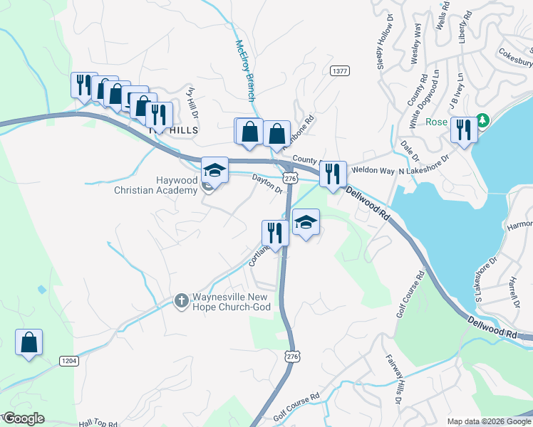 map of restaurants, bars, coffee shops, grocery stores, and more near 30 Mauney Cove Road in Waynesville