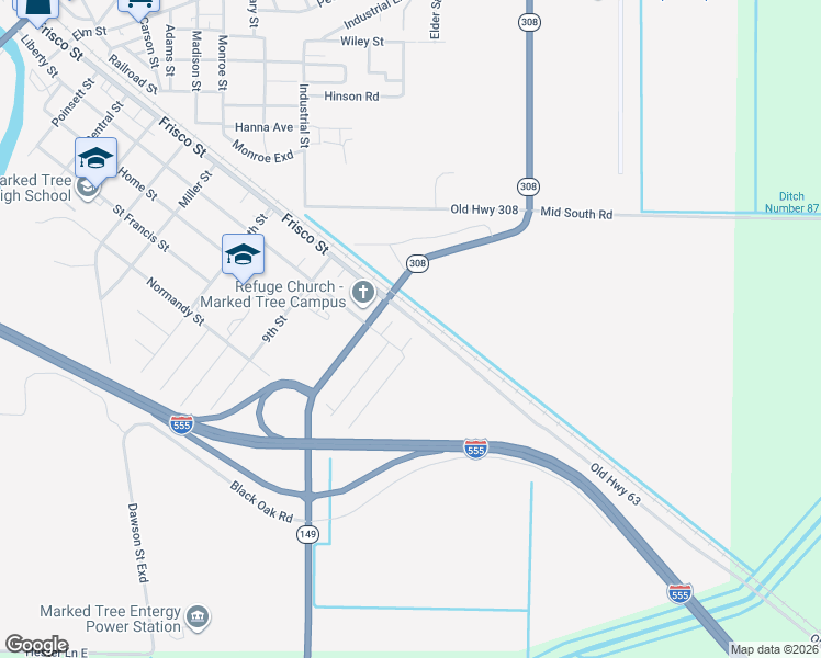map of restaurants, bars, coffee shops, grocery stores, and more near 103 12th Street in Marked Tree