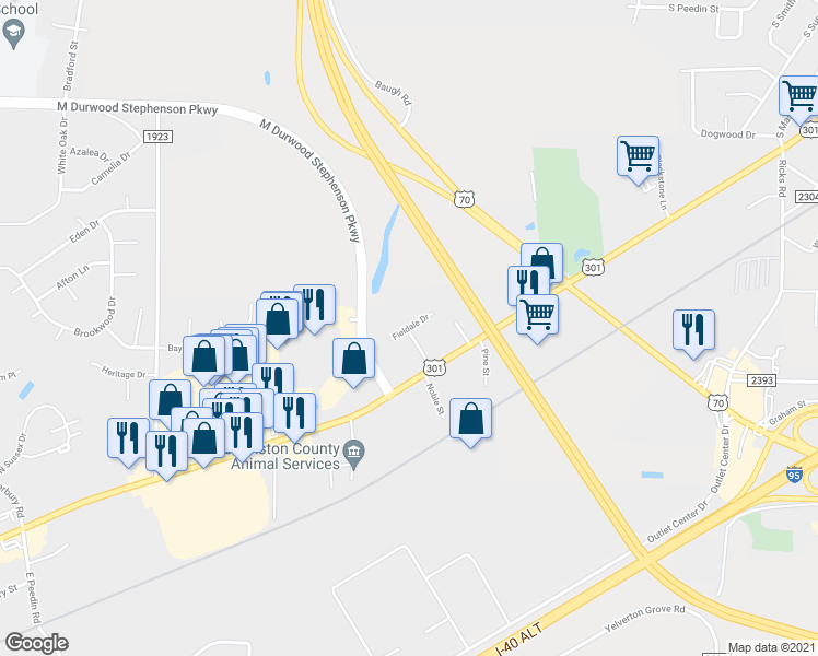 map of restaurants, bars, coffee shops, grocery stores, and more near 11 Fieldale Drive in Smithfield