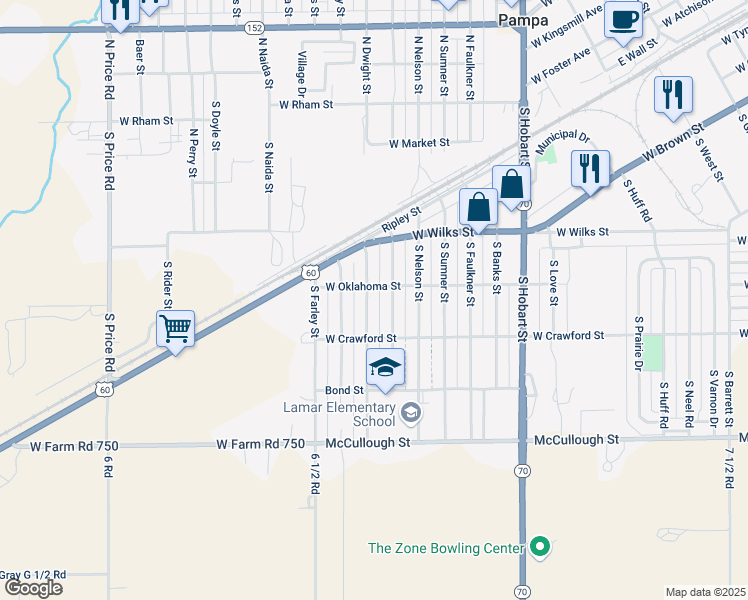 map of restaurants, bars, coffee shops, grocery stores, and more near 1001-1099 South Dwight Street in Pampa