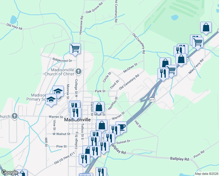 map of restaurants, bars, coffee shops, grocery stores, and more near 511 Park Street in Madisonville