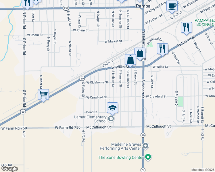 map of restaurants, bars, coffee shops, grocery stores, and more near 1001-1099 S Wells St in Pampa