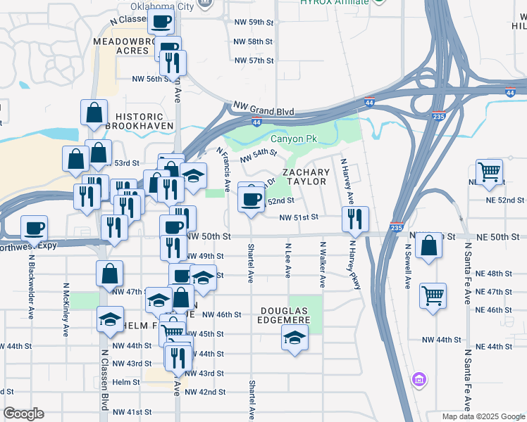 map of restaurants, bars, coffee shops, grocery stores, and more near 704 Northwest 51st Street in Oklahoma City