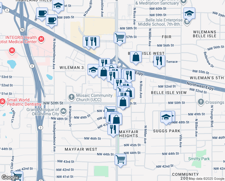 map of restaurants, bars, coffee shops, grocery stores, and more near 5101 North May Avenue in Oklahoma City