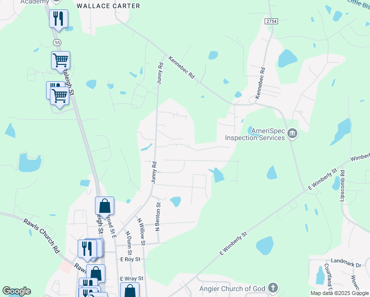 map of restaurants, bars, coffee shops, grocery stores, and more near 140 Glen Meadow Drive in Angier