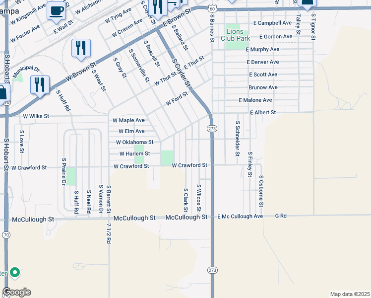 map of restaurants, bars, coffee shops, grocery stores, and more near 1001-1099 South Clark Street in Pampa