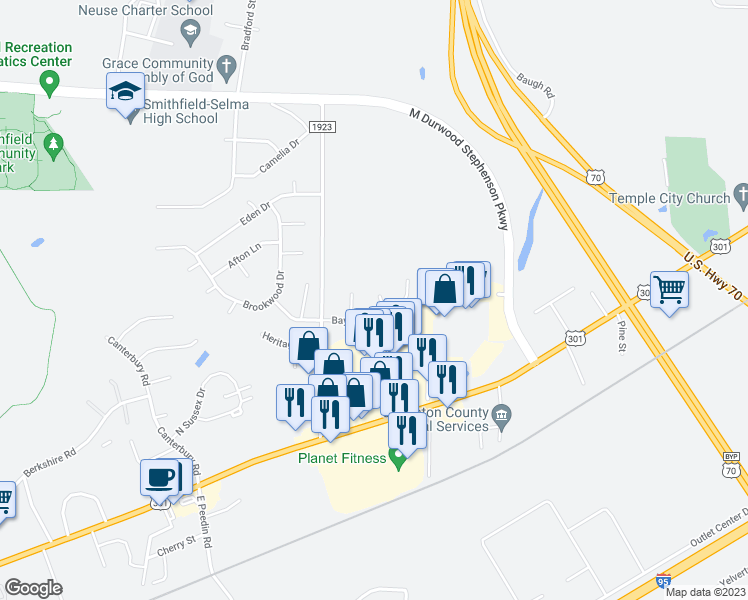 map of restaurants, bars, coffee shops, grocery stores, and more near 133 Valleywood Circle in Smithfield