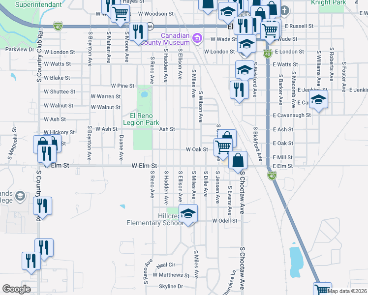 map of restaurants, bars, coffee shops, grocery stores, and more near 906 South Ellison Avenue in El Reno