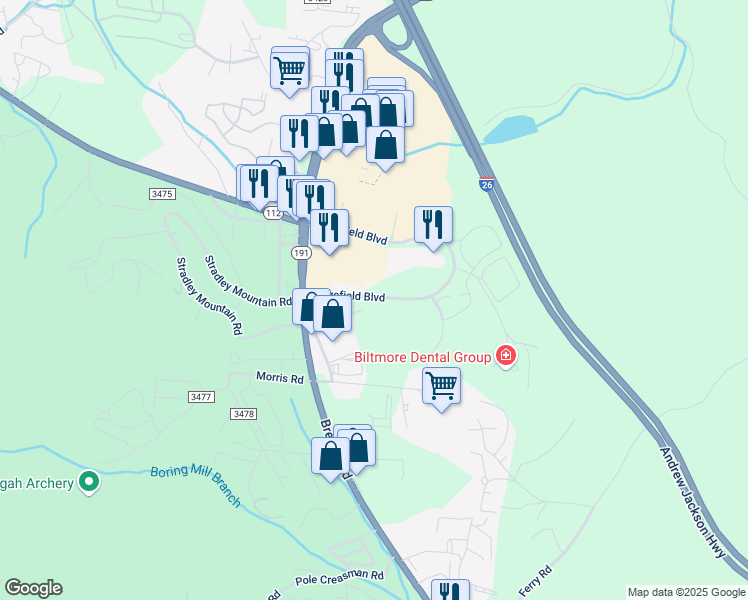 map of restaurants, bars, coffee shops, grocery stores, and more near 10 Old Brevard Road in Asheville