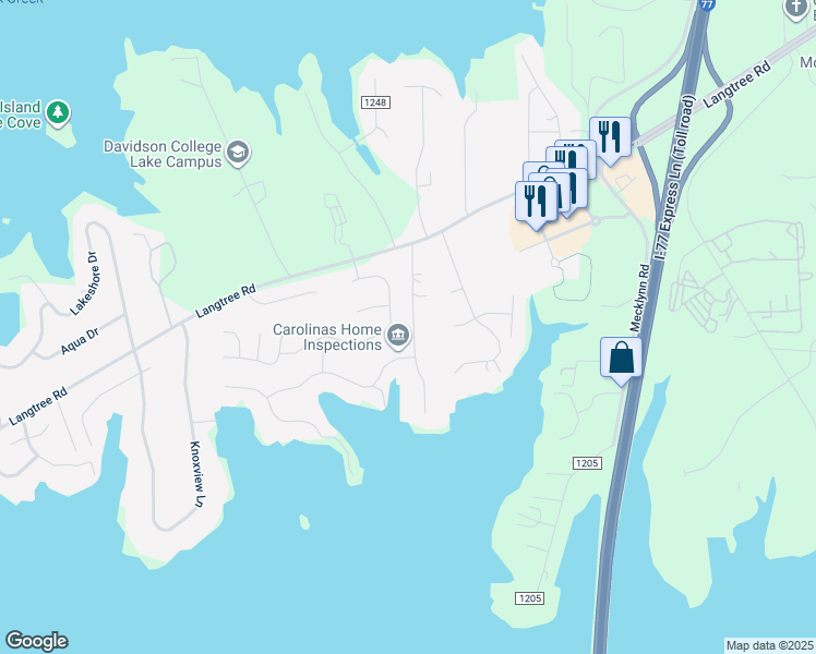 map of restaurants, bars, coffee shops, grocery stores, and more near Gudger Road in Mooresville
