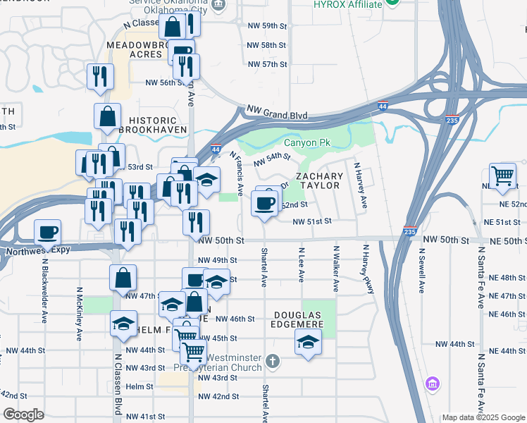 map of restaurants, bars, coffee shops, grocery stores, and more near 5300 North Shartel Avenue in Oklahoma City