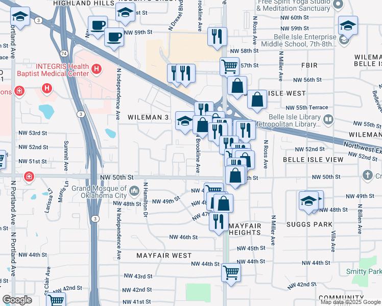 map of restaurants, bars, coffee shops, grocery stores, and more near 5401 North Brookline Avenue in Oklahoma City