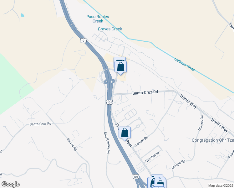 map of restaurants, bars, coffee shops, grocery stores, and more near 5715 Santa Cruz Road in Atascadero