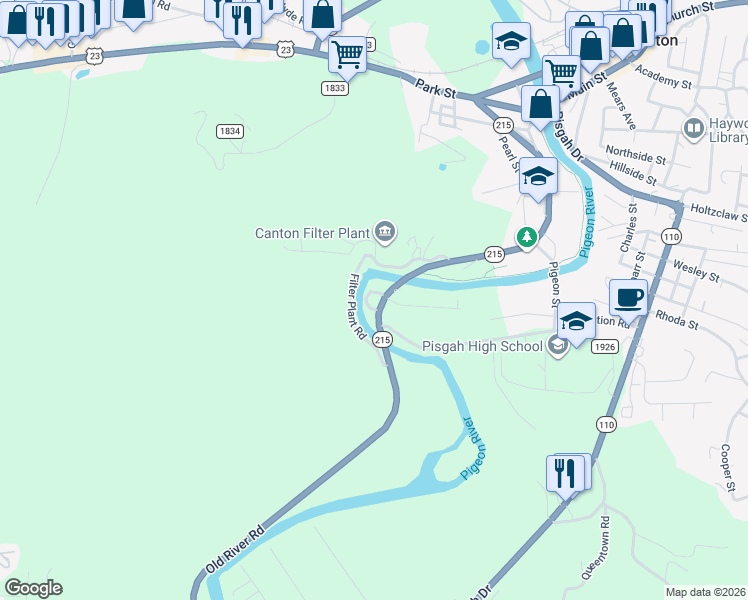 map of restaurants, bars, coffee shops, grocery stores, and more near 1 Riverbend Road in Canton