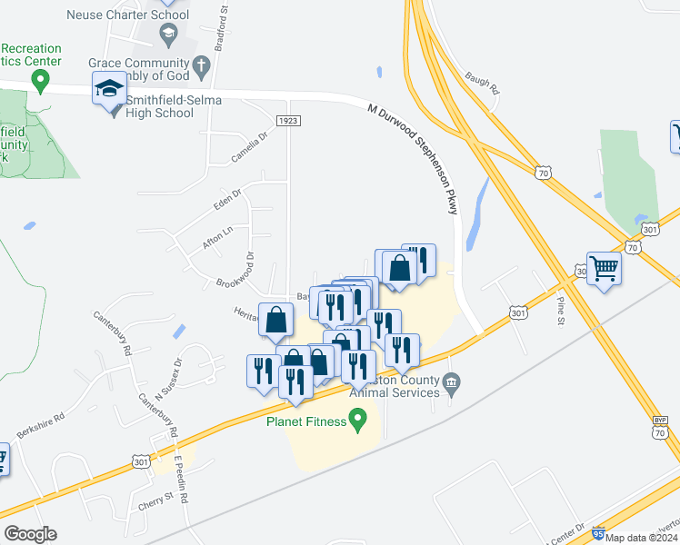 map of restaurants, bars, coffee shops, grocery stores, and more near 154 Valleywood Circle in Smithfield