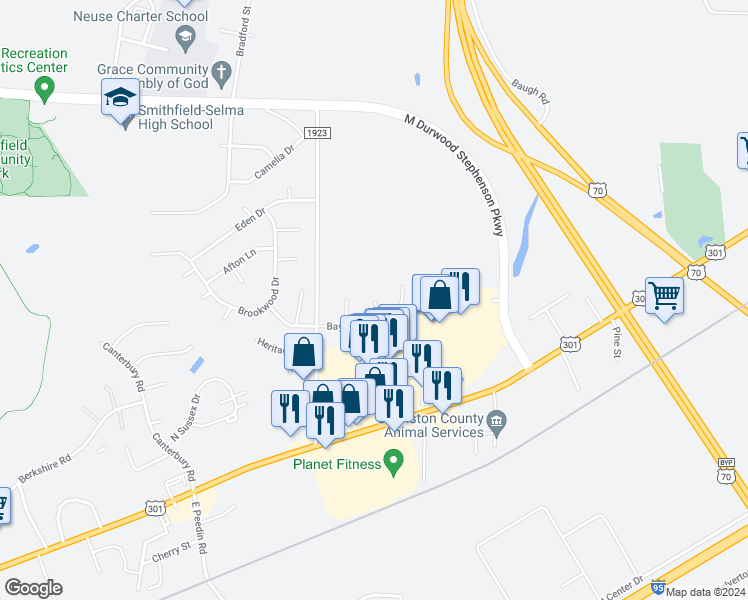 map of restaurants, bars, coffee shops, grocery stores, and more near Valleywood Circle in Smithfield