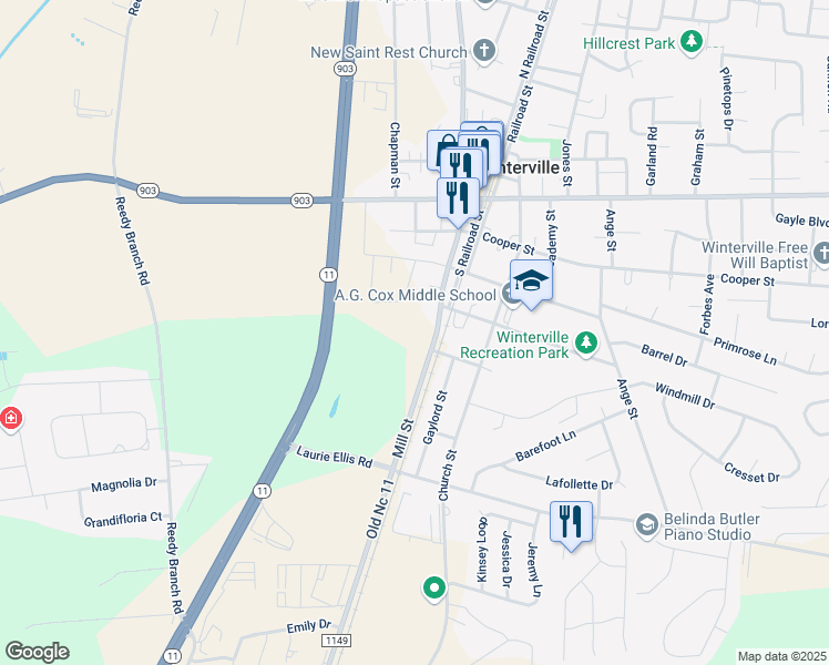map of restaurants, bars, coffee shops, grocery stores, and more near 2752 Mill Street in Winterville