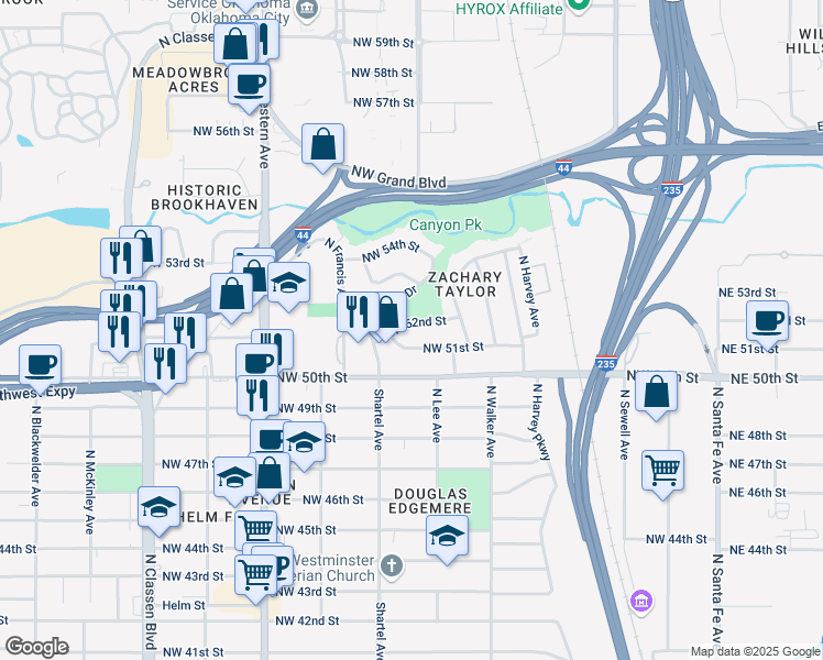 map of restaurants, bars, coffee shops, grocery stores, and more near 5300 North Shartel Avenue in Oklahoma City