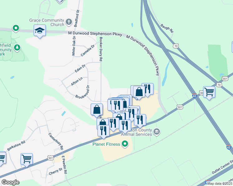map of restaurants, bars, coffee shops, grocery stores, and more near 141 Valleywood Circle in Smithfield