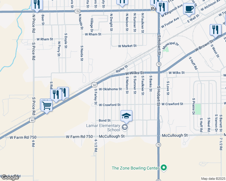 map of restaurants, bars, coffee shops, grocery stores, and more near 1001 South Dwight Street in Pampa