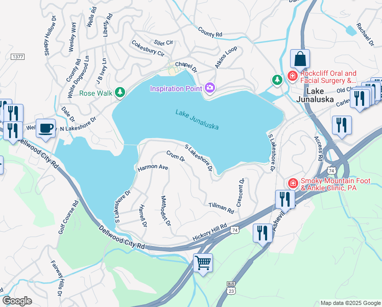 map of restaurants, bars, coffee shops, grocery stores, and more near 2263 South Lakeshore Drive in Lake Junaluska