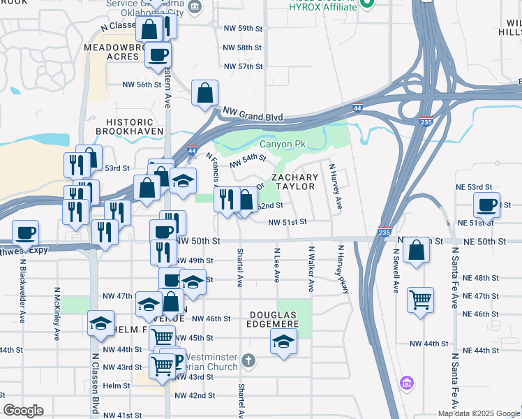 map of restaurants, bars, coffee shops, grocery stores, and more near 5300 North Shartel Avenue in Oklahoma City