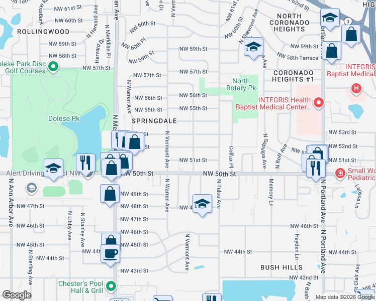 map of restaurants, bars, coffee shops, grocery stores, and more near 5300 North Brunson Street in Oklahoma City