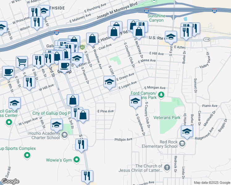 map of restaurants, bars, coffee shops, grocery stores, and more near 400 East Logan Avenue in Gallup