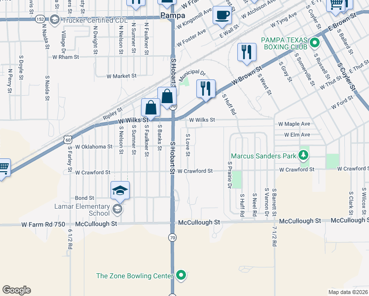 map of restaurants, bars, coffee shops, grocery stores, and more near 1000 South Love Street in Pampa