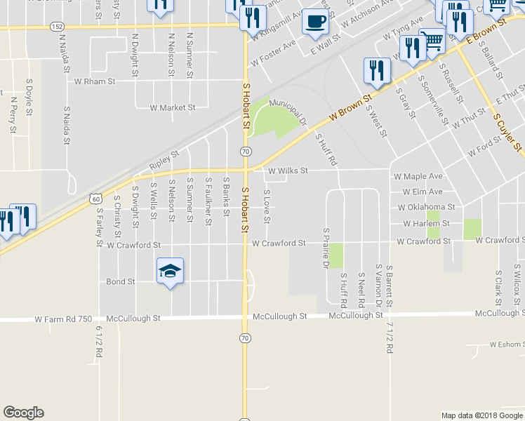 map of restaurants, bars, coffee shops, grocery stores, and more near 1000 South Love Street in Pampa
