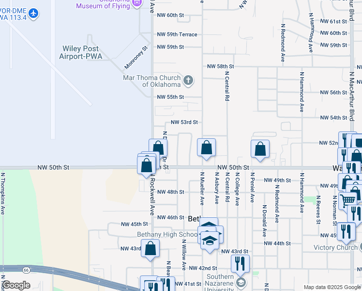 map of restaurants, bars, coffee shops, grocery stores, and more near 5215 North Willow Avenue in Bethany