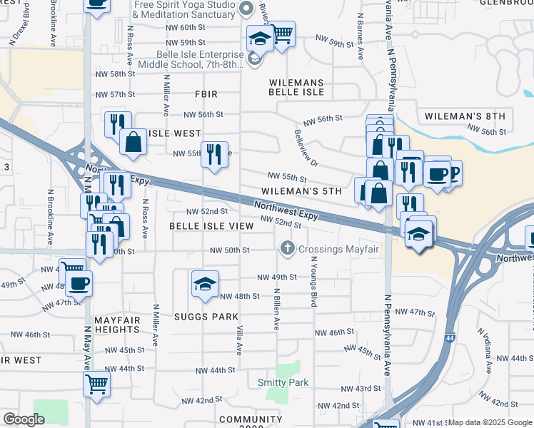 map of restaurants, bars, coffee shops, grocery stores, and more near 2421 Northwest 52nd Street in Oklahoma City
