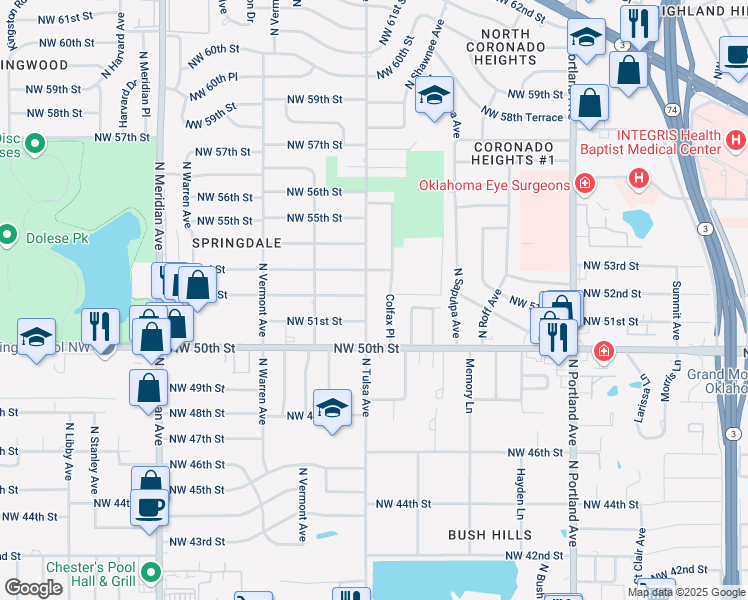 map of restaurants, bars, coffee shops, grocery stores, and more near 5311 Colfax Place in Oklahoma City