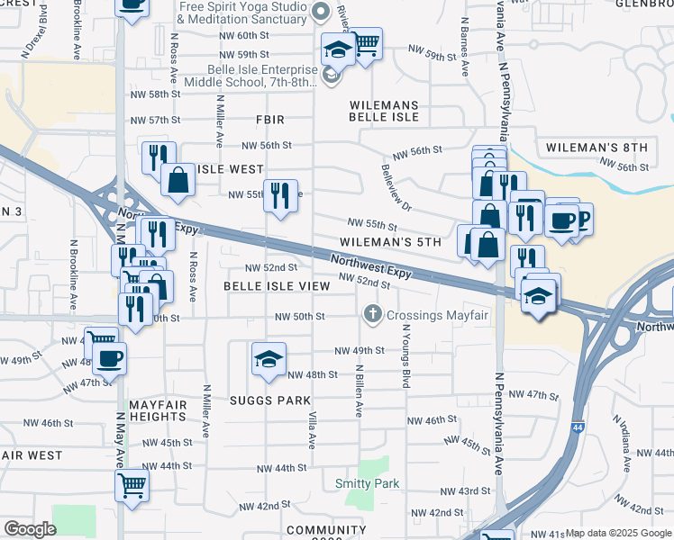 map of restaurants, bars, coffee shops, grocery stores, and more near 2421 Northwest 52nd Street in Oklahoma City