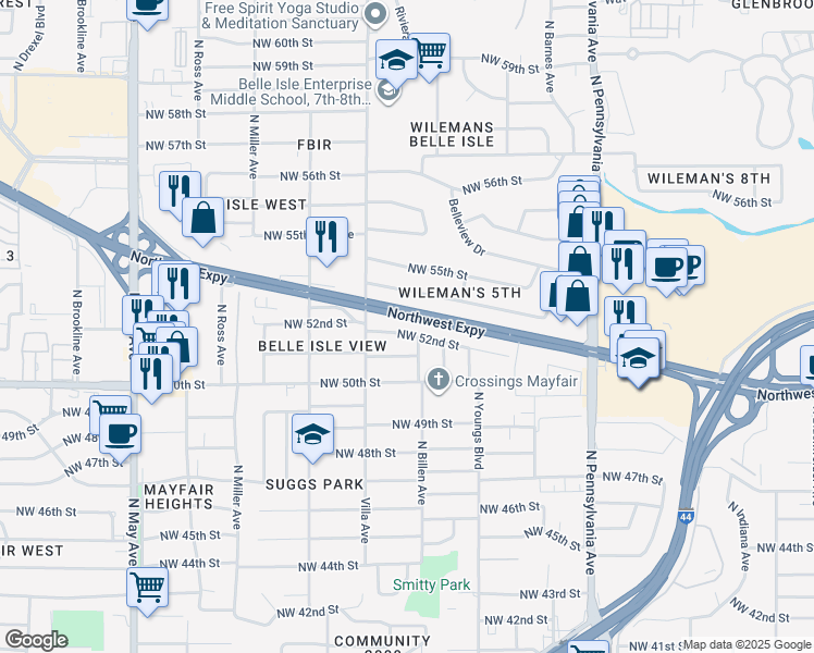 map of restaurants, bars, coffee shops, grocery stores, and more near 2421 Northwest 52nd Street in Oklahoma City