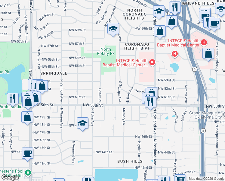 map of restaurants, bars, coffee shops, grocery stores, and more near 3933 Northwest 52nd Street in Oklahoma City
