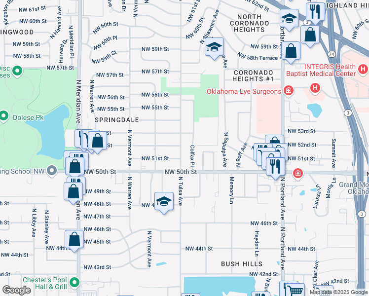 map of restaurants, bars, coffee shops, grocery stores, and more near 5311 Colfax Place in Oklahoma City