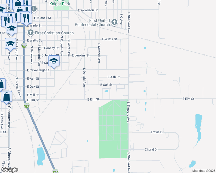 map of restaurants, bars, coffee shops, grocery stores, and more near 1221 East Oak Street in El Reno
