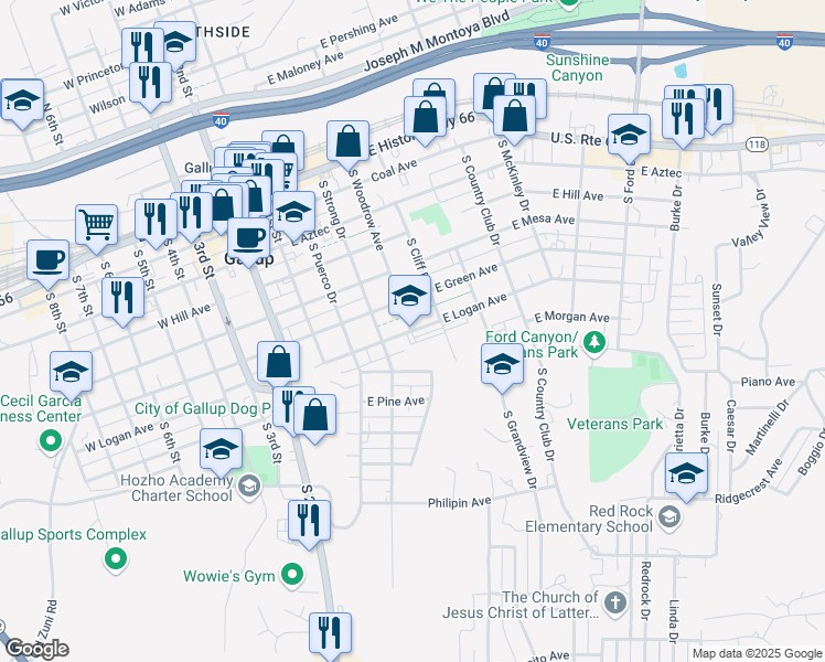 map of restaurants, bars, coffee shops, grocery stores, and more near 400 East Logan Avenue in Gallup