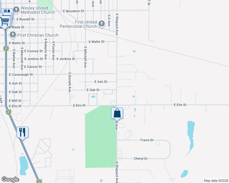 map of restaurants, bars, coffee shops, grocery stores, and more near 1321 East Oak Street in El Reno