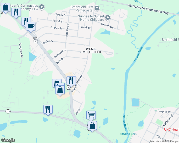 map of restaurants, bars, coffee shops, grocery stores, and more near 308 Wilsons Mills Road in Smithfield