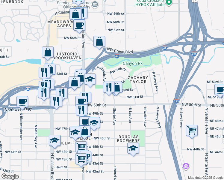 map of restaurants, bars, coffee shops, grocery stores, and more near in Oklahoma City