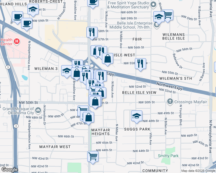 map of restaurants, bars, coffee shops, grocery stores, and more near 2720 Northwest Expressway in Oklahoma City