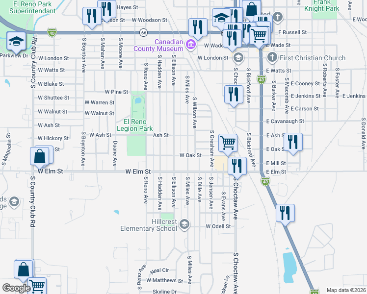 map of restaurants, bars, coffee shops, grocery stores, and more near 815 South Miles Avenue in El Reno